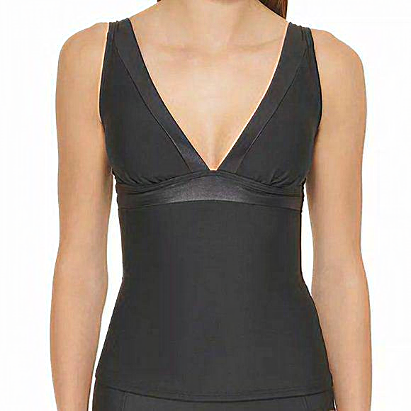 Dkny V-Neck Shimmer Tankini Swim Top Black M